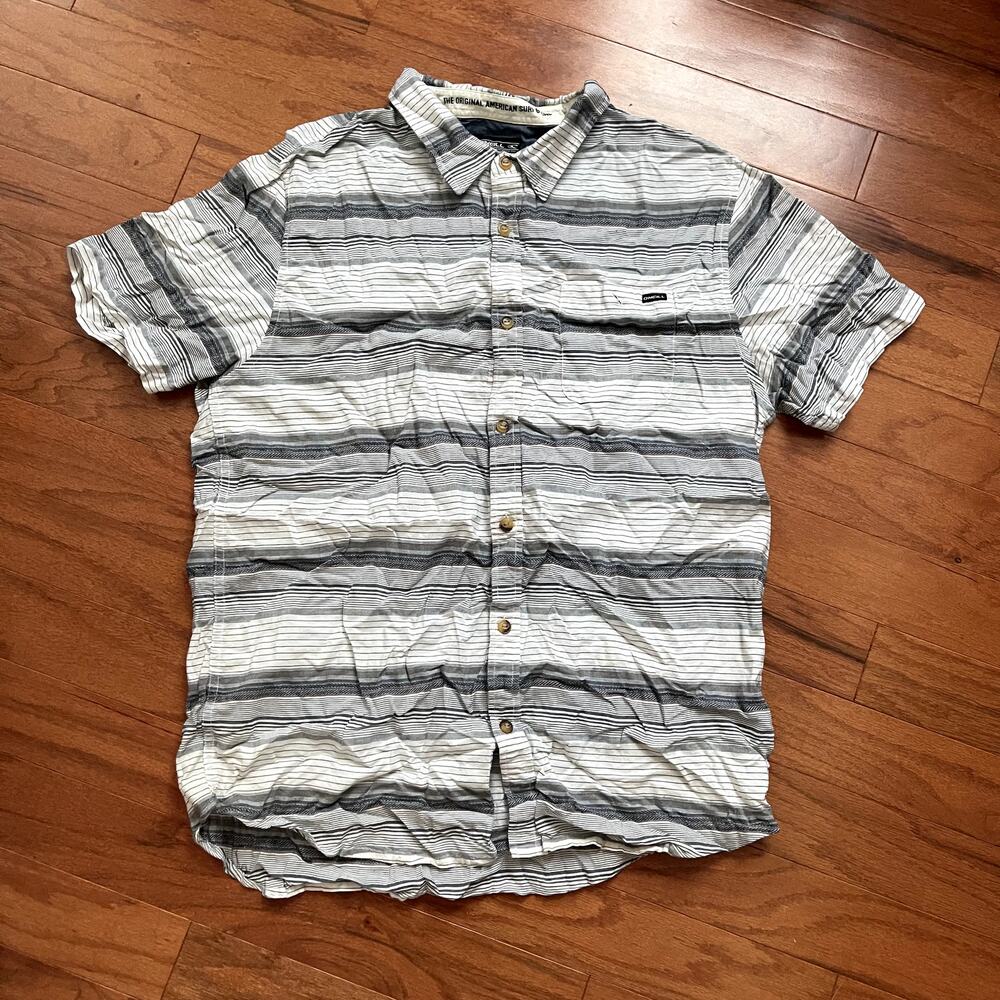 O'Neill White Gray Stripe Button Up Polo Short Sleeve Shirt Tailored Fit Sz XXL